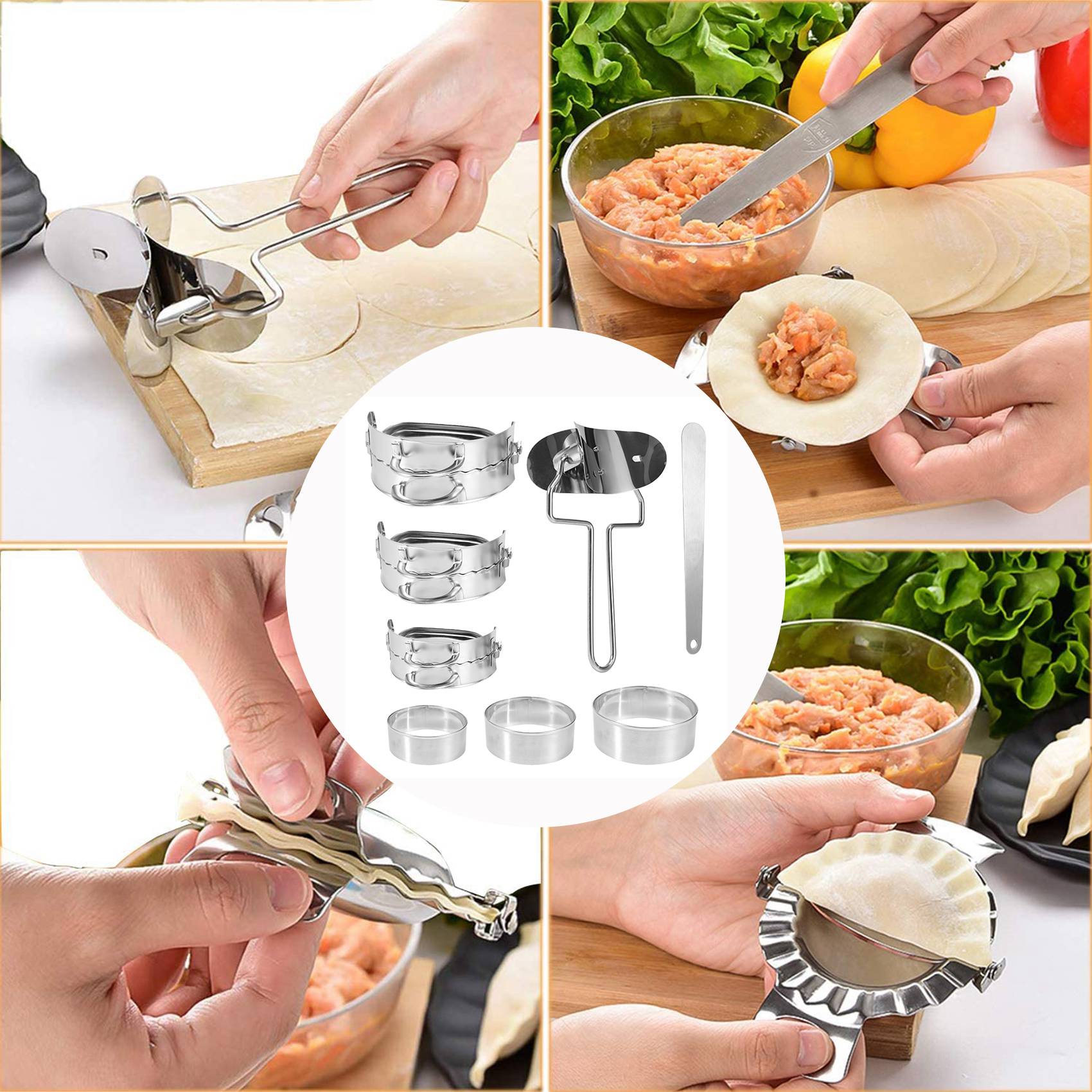 Gyoza Dumpling Maker - ABKW製 餃子メーカー 8個入り、中華風ワンタンや餃子の皮を作るためのプレス型とカッターのセット